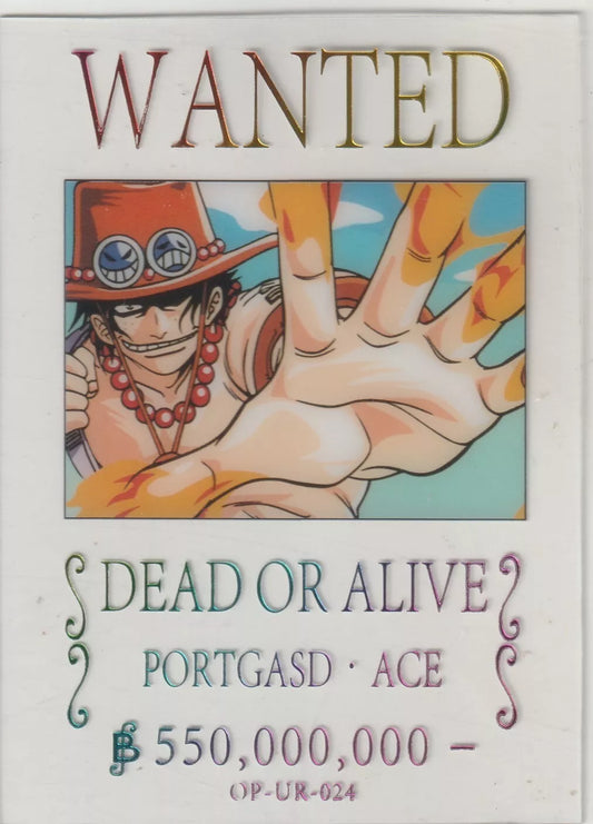 One Piece Anime Card OP-UR-024 featuring Portgas D. Ace on a clear acrylic "Wanted" poster with a 550 million Berries bounty.