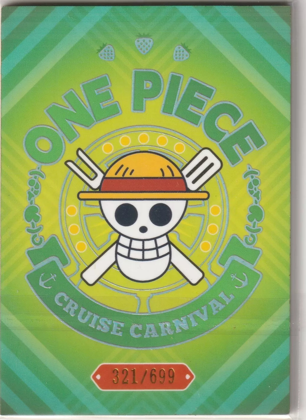 The back of the One Piece Cruise Carnival SP No.2 001 card, numbered 321/699, with a bright green background and One Piece skull logo.