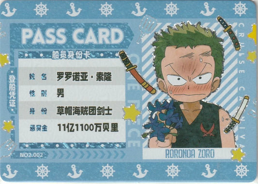 Roronoa Zoro chibi character holding blue flowers, numbered 060/199, Cruise Carnival SP No2 002.