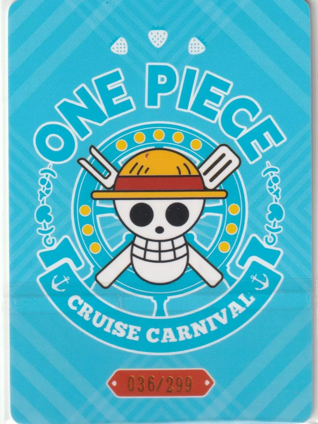 One Piece Cruise Carnival card front with Straw Hat Pirates' Jolly Roger and 036/299 label."