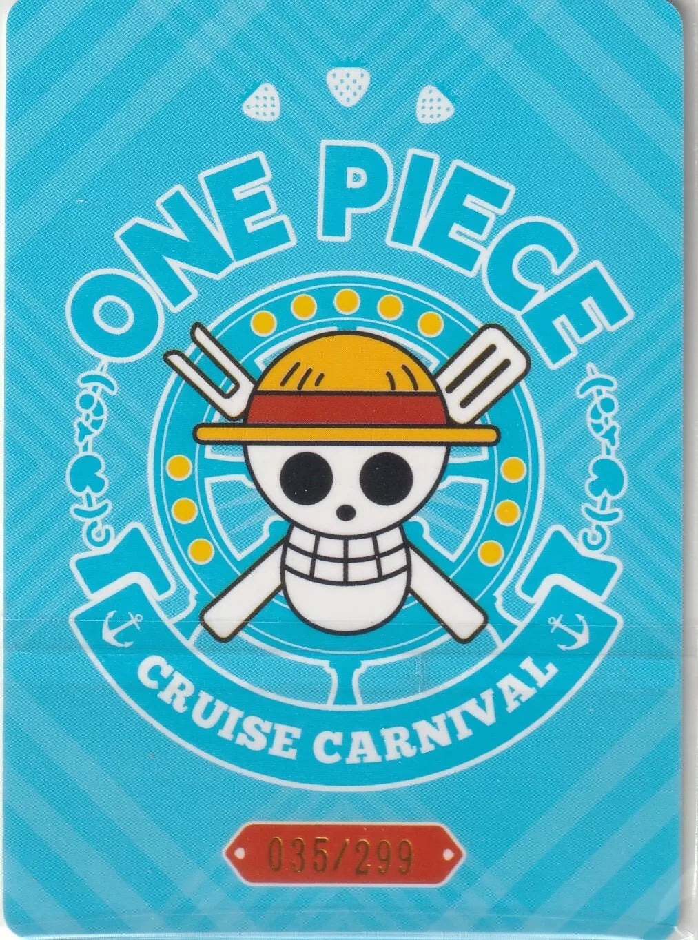 "One Piece Cruise Carnival card back displaying the Straw Hat Pirates' Jolly Roger and card number 035/299."