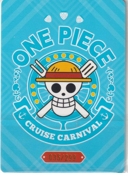 "One Piece Cruise Carnival card back displaying the Straw Hat Pirates' Jolly Roger and card number 035/299."