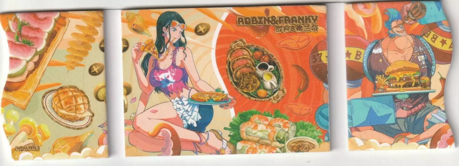 "One Piece Cruise Carnival booklet inside pages featuring Nico Robin and Franky enjoying a feast, surrounded by colorful illustrations of food."