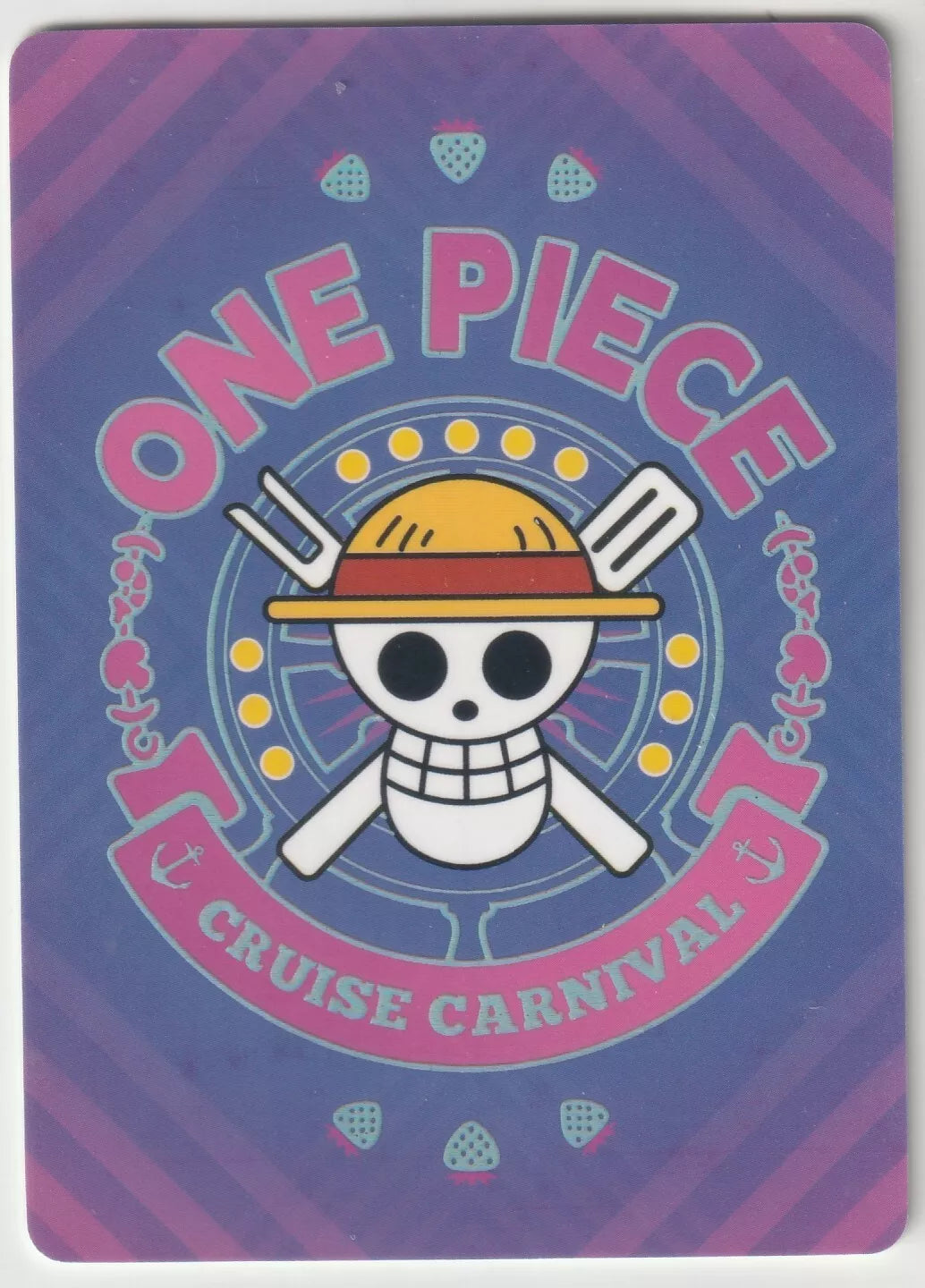 "One Piece Cruise Carnival card back featuring the Straw Hat Pirates' Jolly Roger with a purple and pink striped background."