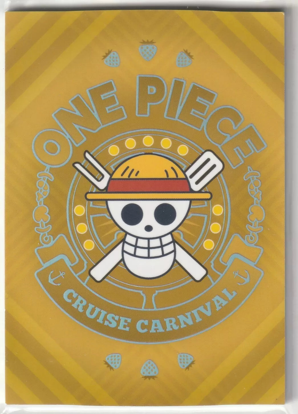 "One Piece Cruise Carnival card back featuring the Straw Hat Pirates' Jolly Roger with a golden background and strawberry-like symbols."