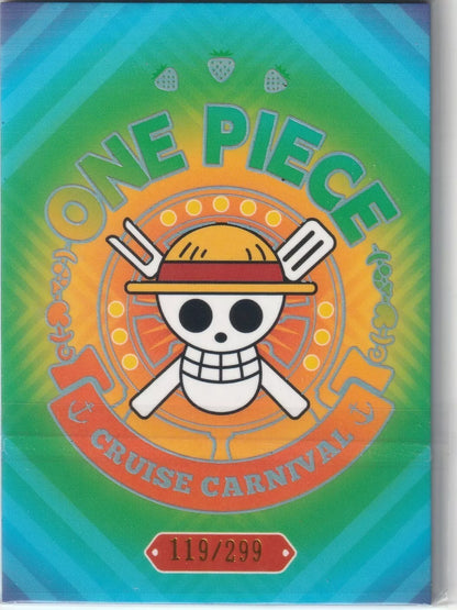 "One Piece Cruise Carnival card back featuring the Straw Hat Pirates' Jolly Roger with a green and blue gradient background and card number 119/299."