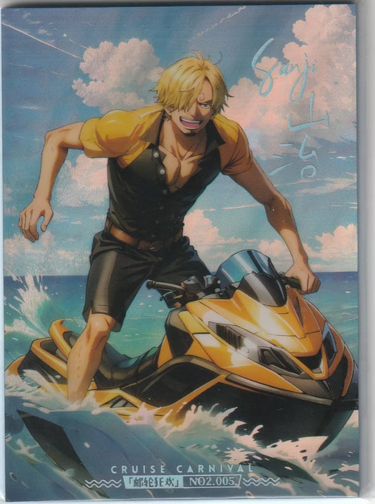 "One Piece Cruise Carnival card front featuring Sanji Vinsmoke riding a jetski across the ocean with a vibrant sky backdrop and card number No2.005."