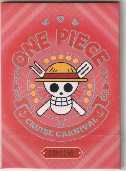 "One Piece Cruise Carnival card back displaying the Straw Hat Pirates Jolly Roger emblem in red with the numbering 030/299."