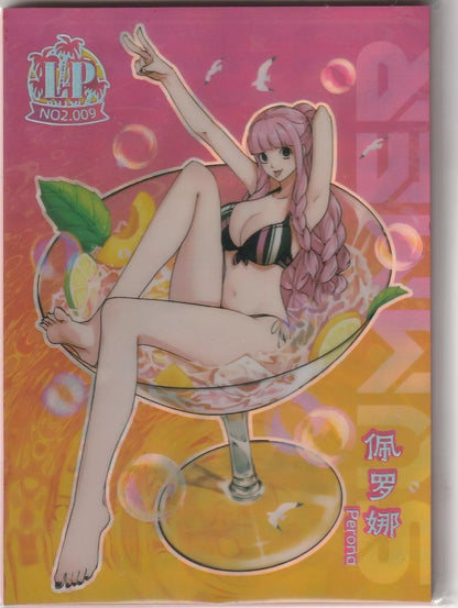 "One Piece Cruise Carnival card featuring Perona lounging in a martini glass, surrounded by fruit and bubbles, marked with LP No.2 009."