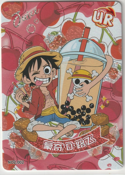 "One Piece Cruise Carnival card featuring Monkey D. Luffy with a giant bubble tea and cherries, marked with UR No.2 002."