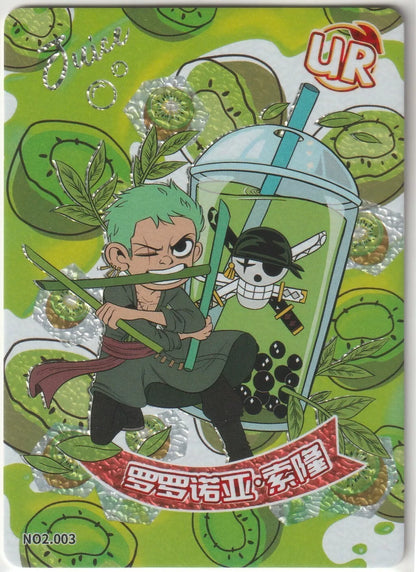 "One Piece Cruise Carnival card featuring Roronoa Zoro with a kiwi bubble tea, wielding his swords in a chibi form, marked with UR No.2 003."
