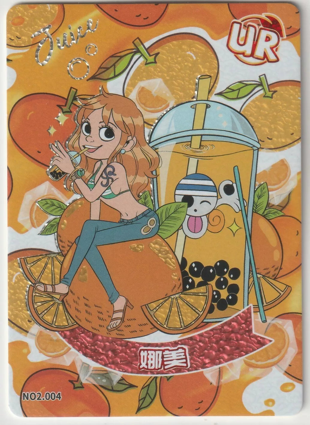 "One Piece Cruise Carnival card featuring Nami sipping orange bubble tea while sitting on an orange, marked with UR No.2 004."