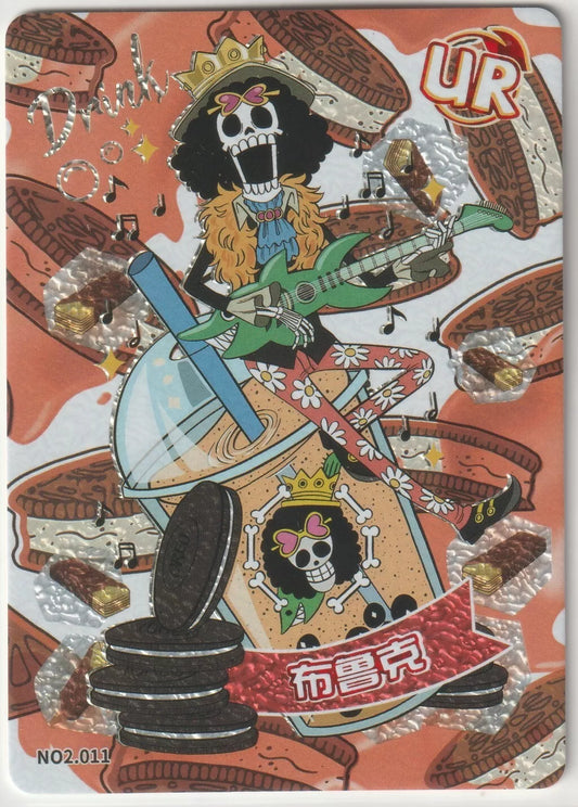 "One Piece Cruise Carnival card featuring Brook as Soul King with an Oreo bubble tea and music notes, marked with UR No.2 011."