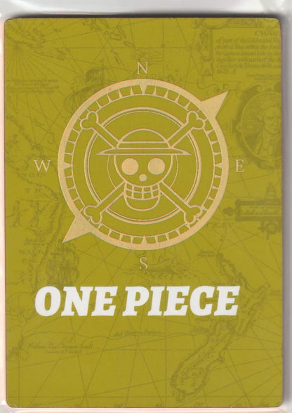 The back of the card shows the One Piece skull and compass logo against a vintage-style map background in a goldish-green tone with "ONE PIECE" written prominently.