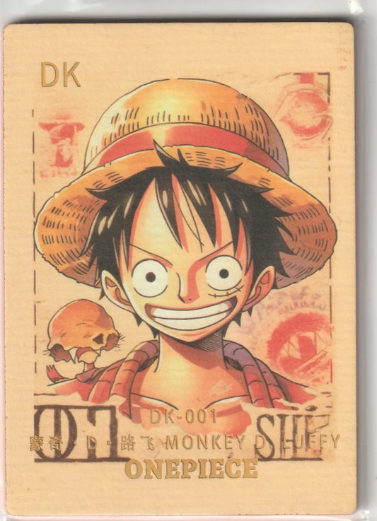 The front of the card displays Monkey D. Luffy with his straw hat and a wide smile, featuring a skull illustration behind him, with a matte finish and thick stock paper for premium quality.