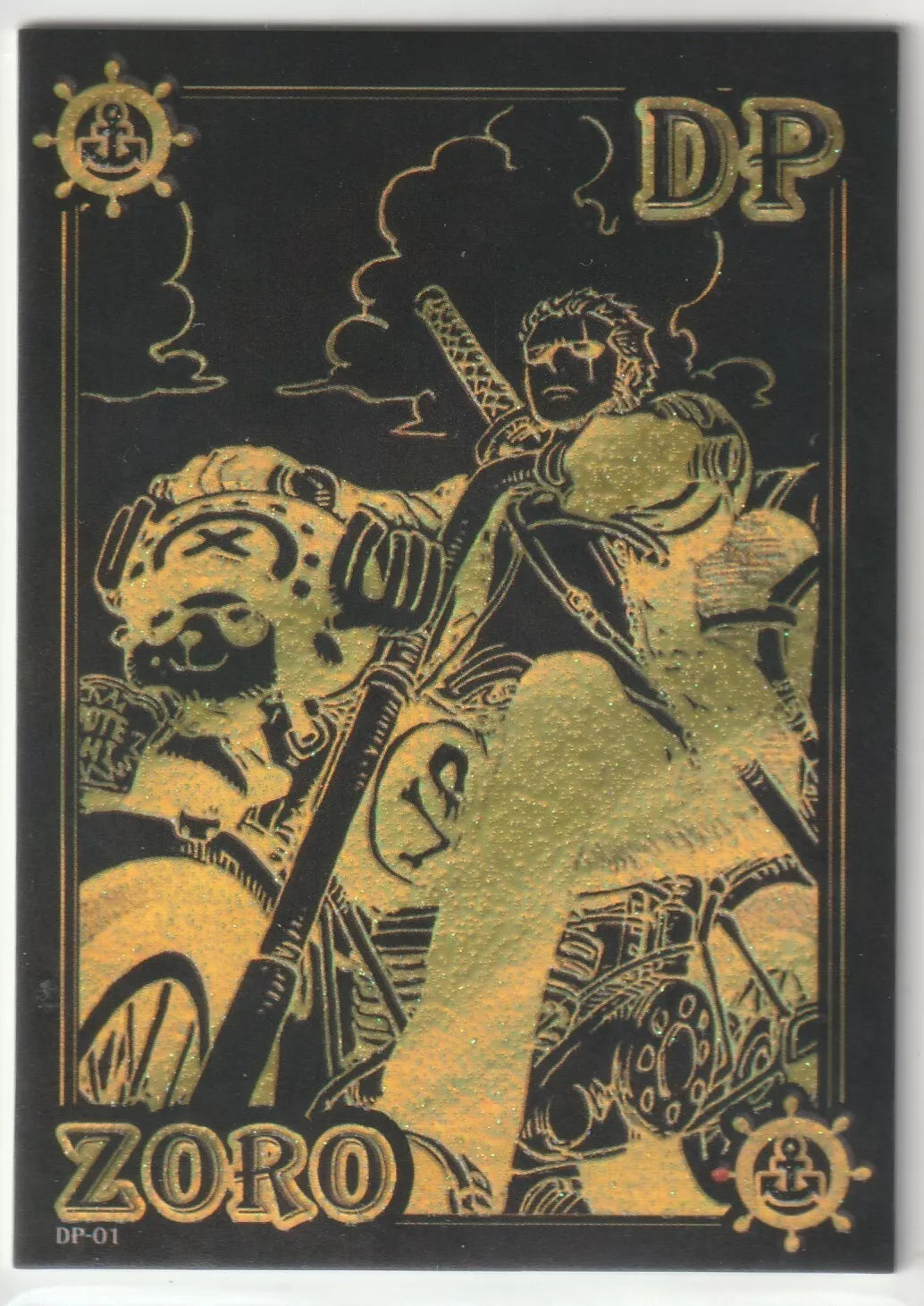 Roronoa Zoro is seen riding a motorcycle in a black and gold glittery design, holding his sword, with a bold look. The card features elegant gold accents and a premium design.