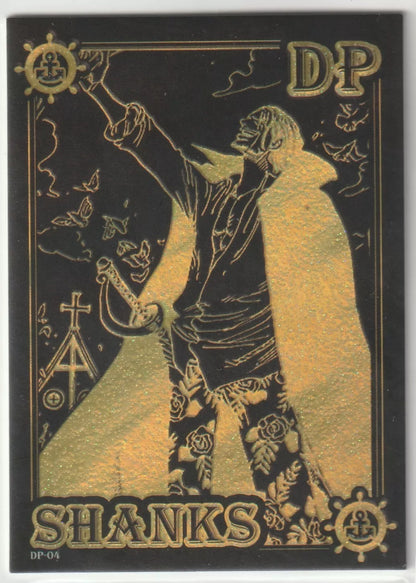 Red-Haired Shanks stands with his sword and flowing cape in a black and gold glittery design, with bold gold letters spelling his name at the bottom and the DP-04 code in the lower left.