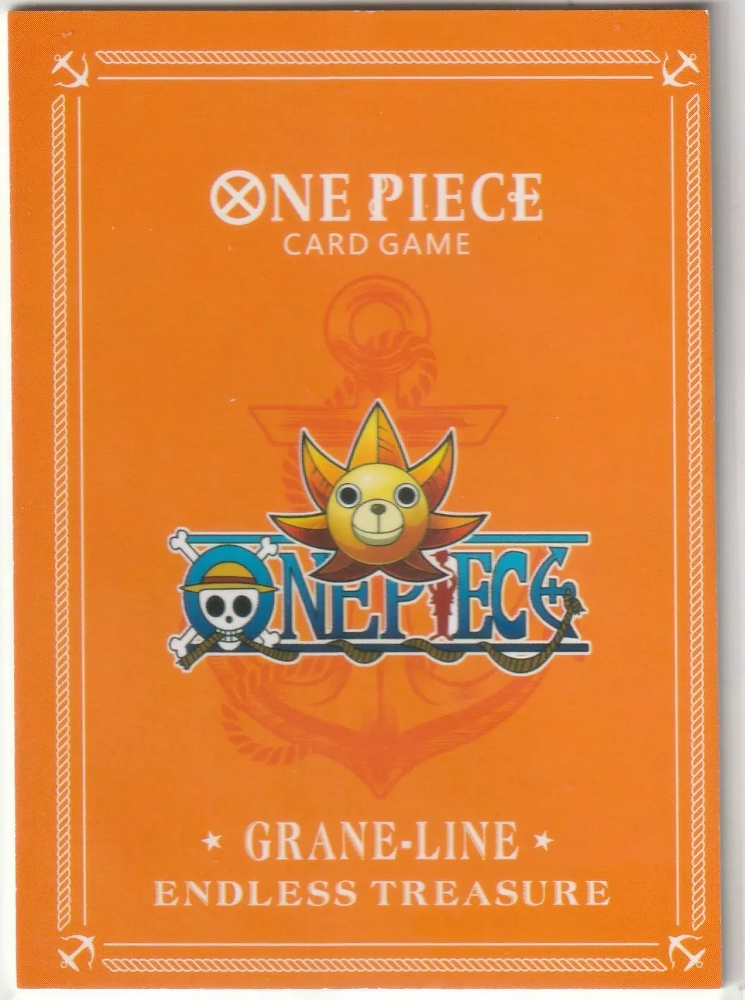 The back of a One Piece card with an orange background, featuring the One Piece logo, "GRANE-LINE," and "ENDLESS TREASURE" in white text.