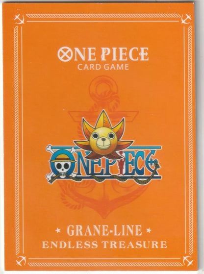 The back of a One Piece card with an orange background, featuring the One Piece logo, "GRANE-LINE," and "ENDLESS TREASURE" in white text.