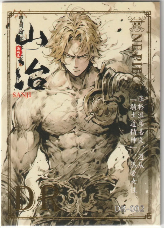 A detailed watercolor illustration of Sanji from One Piece, showing his muscular build and a focused expression, wearing armor with intricate details. The card is labeled "DR-002."