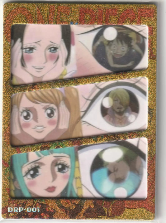 A One Piece card featuring three windows showing Boa Hancock, Nami, and Pudding gazing at Luffy and Sanji, with their reflections in their eyes. The card has a golden refractor background and is labeled "DRP-001."