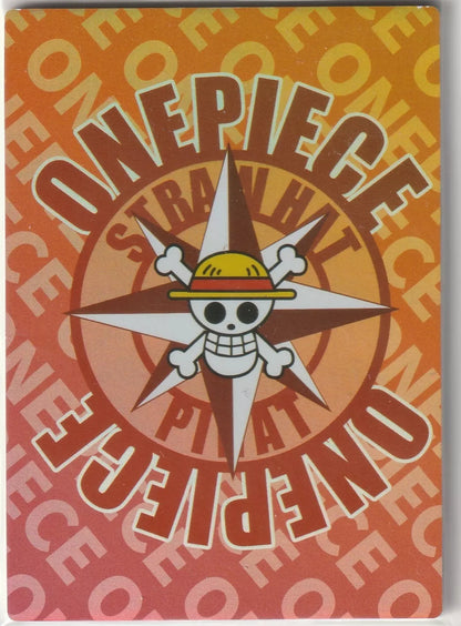 One Piece Anime Card DRP-002 back showing Straw Hat Pirates emblem with One Piece text in an orange-red gradient background