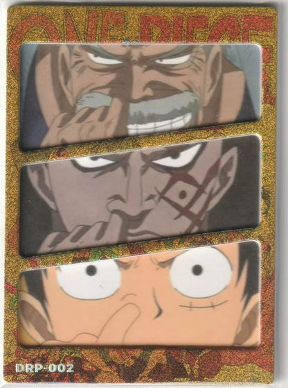 One Piece Anime Card DRP-002 featuring Garp, Dragon, and Luffy performing a nose-picking gesture, glitter border."