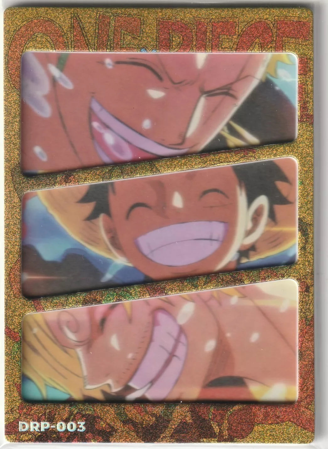 One Piece Anime Card DRP-003 featuring Luffy, Zoro, and Sanji laughing together, glitter border.