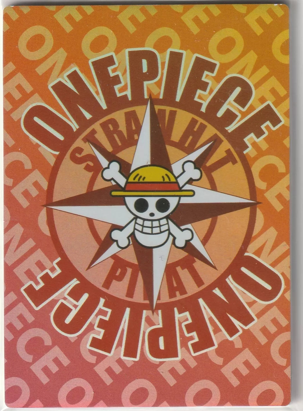 One Piece Anime Card DRP-004 back showing the Straw Hat Pirates emblem with One Piece text in an orange-red gradient background.