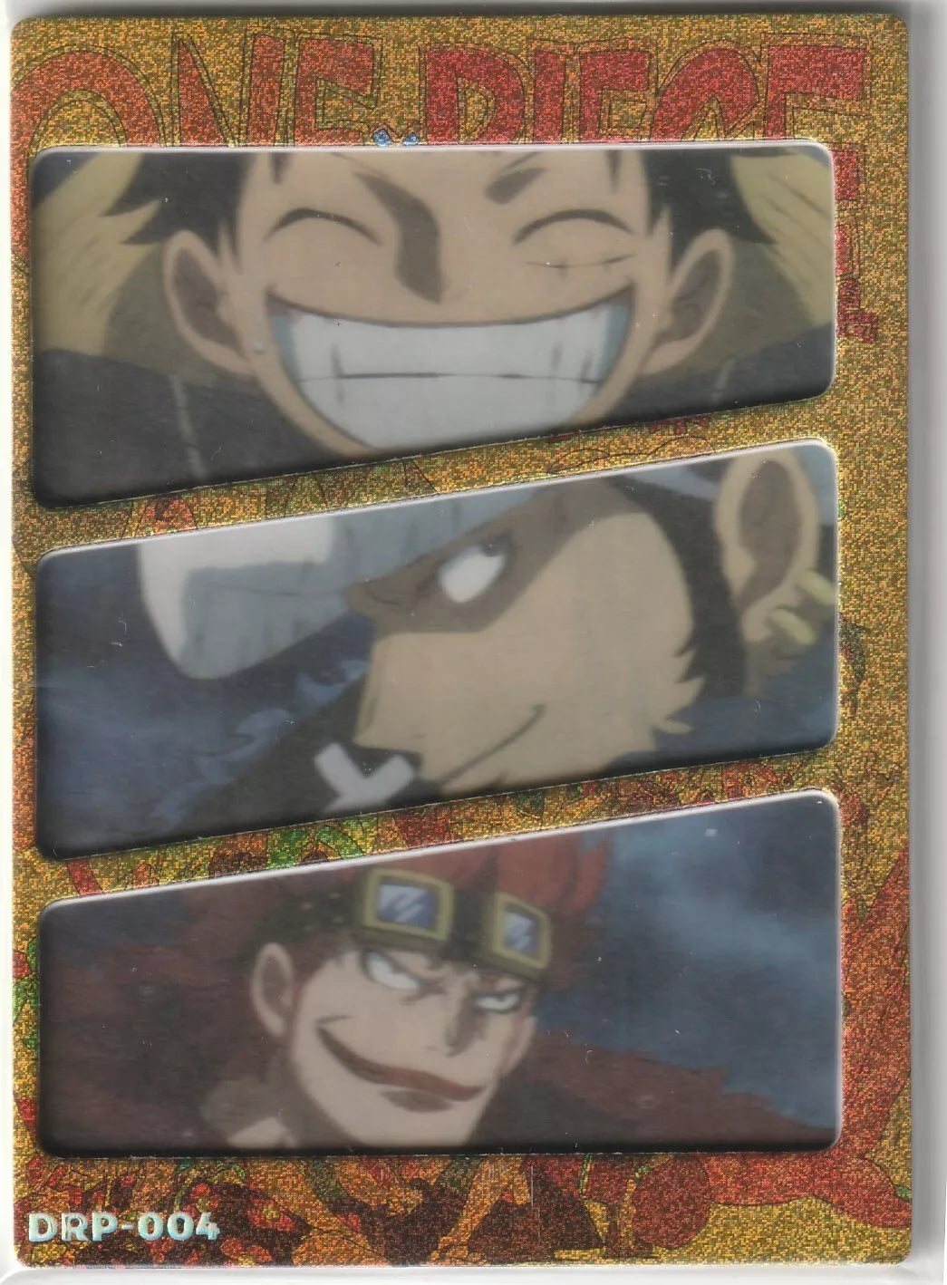 One Piece Anime Card DRP-004 featuring Luffy, Law, and Kid, captains from the Worst Generation, with a glitter border