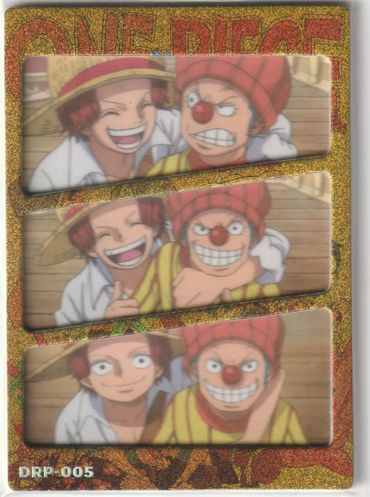 One Piece Anime Card DRP-005 featuring three snapshots of Shanks and Buggy with playful expressions, glitter border