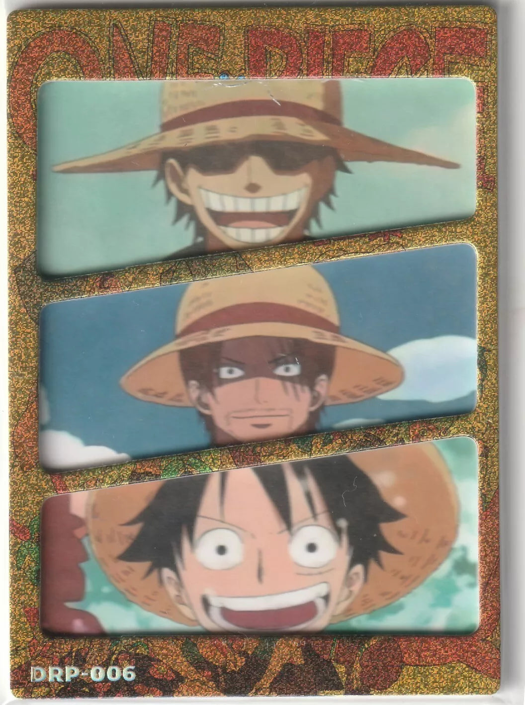 One Piece Anime Card DRP-006 featuring Gol D. Roger, Shanks, and Luffy with their iconic Straw Hats, glitter border.