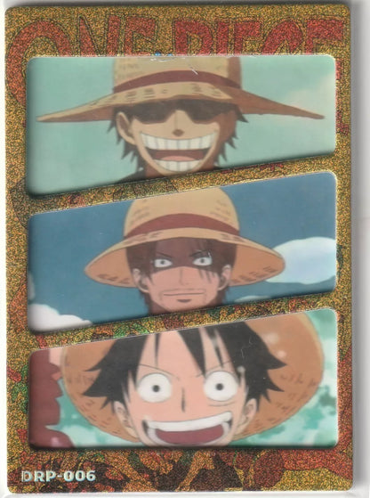 One Piece Anime Card DRP-006 featuring Gol D. Roger, Shanks, and Luffy with their iconic Straw Hats, glitter border.