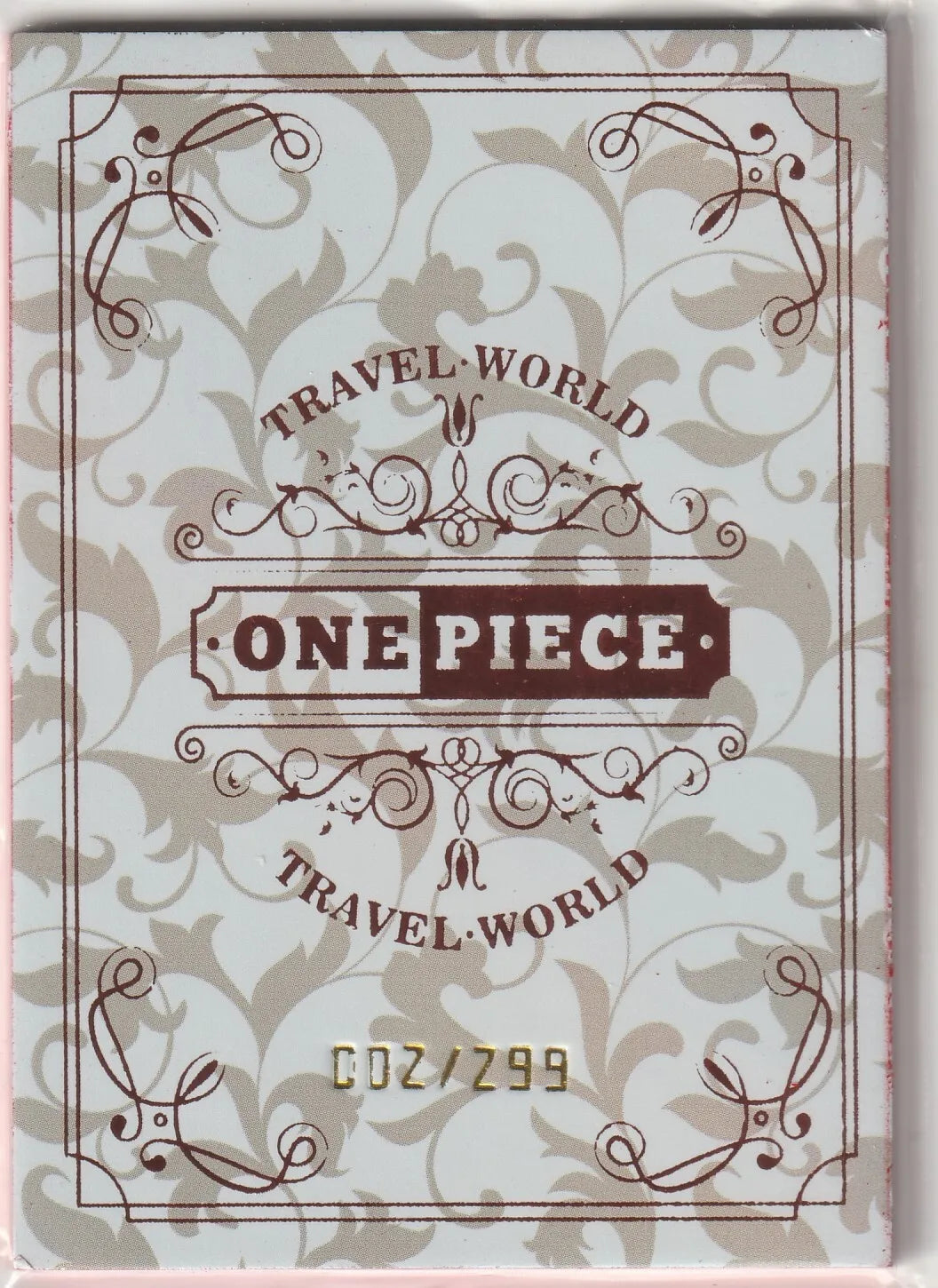 One Piece Anime Card DY-BHR-02 back with vintage-style design, featuring 'Travel World' and 'One Piece' text and limited edition number 002/299.