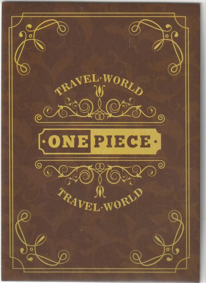 One Piece Anime Card DY-COS-07 back showing vintage-style design with 'Travel World' and 'One Piece' text in gold on a brown background.