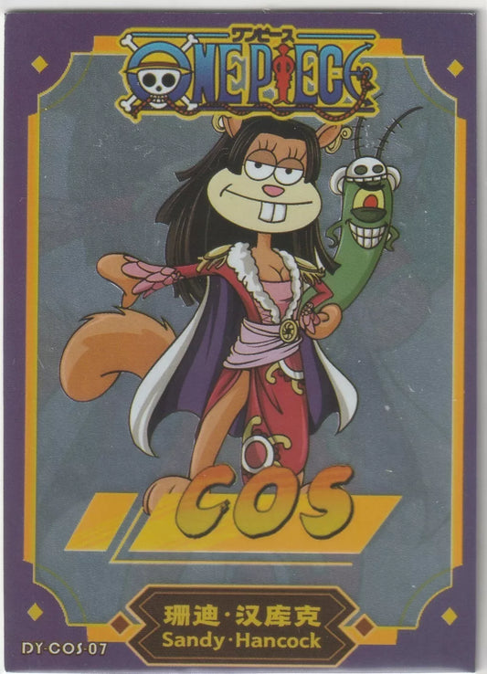 One Piece Anime Card DY-COS-07 featuring Sandy Cheeks from SpongeBob cosplaying as Boa Hancock, with Plankton in the background holding a rose.