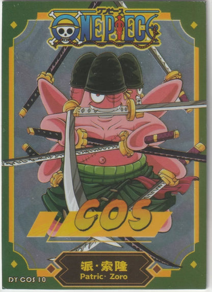 One Piece Anime Card DY-COS-10 featuring Patrick Star from SpongeBob cosplaying as Roronoa Zoro, with Zoro’s signature three swords and green attire.