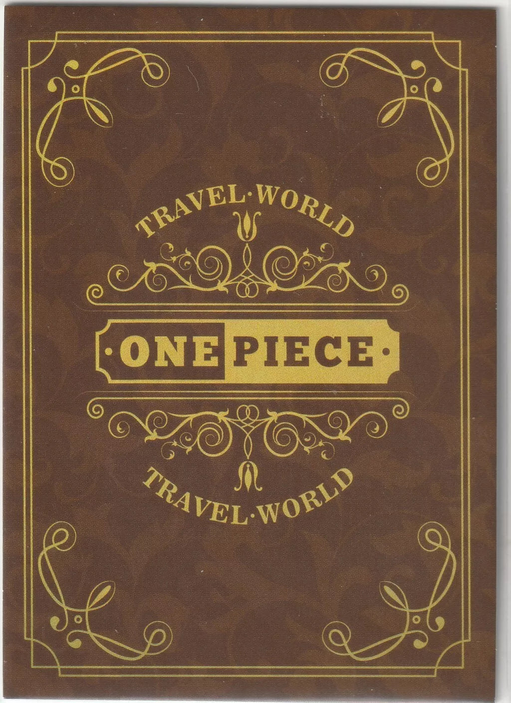 Vintage brown and gold ornate design with 'Travel World' and 'One Piece' text in the center.