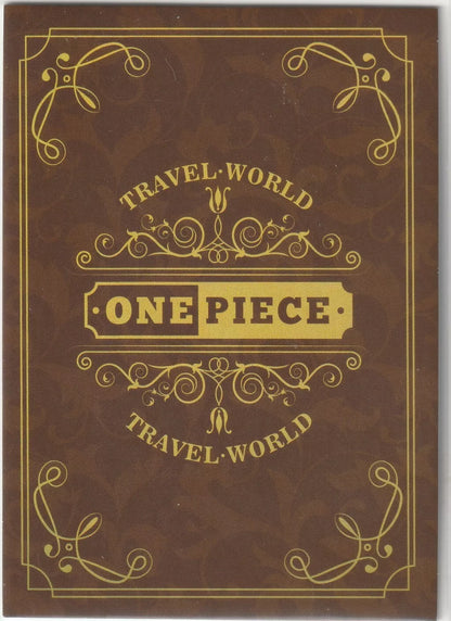 Vintage brown and gold ornate design with 'Travel World' and 'One Piece' text in the center.