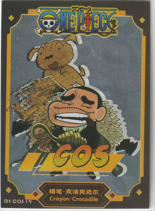 Crayon Shin-Chan dressed as Crocodile from One Piece with a dog attached, holding a hook, and the One Piece logo at the top.