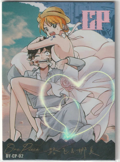 One Piece Anime Card featuring Nami and Monkey D. Luffy in wedding attire with heart-shaped glow and playful expressions