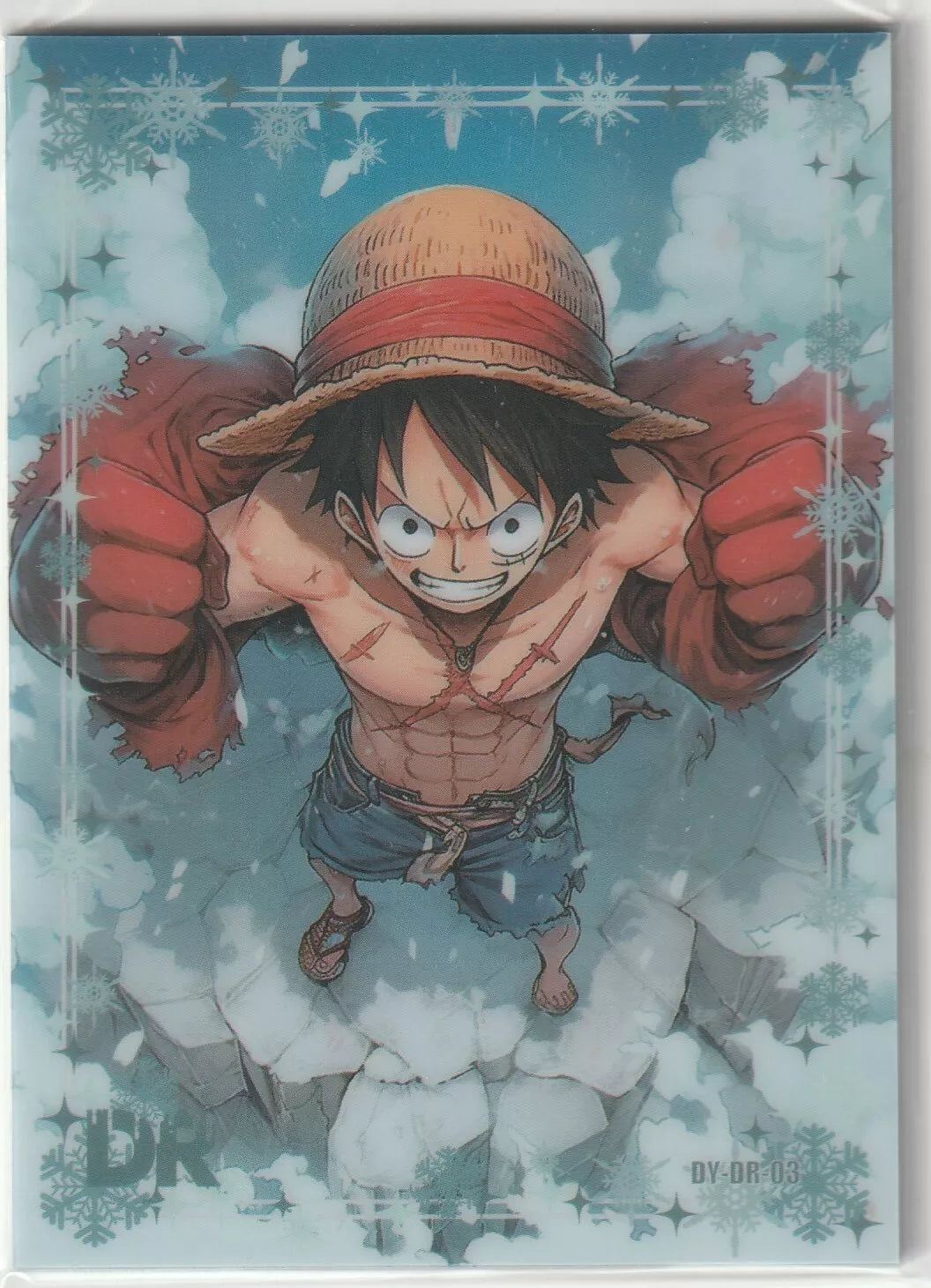 One Piece Anime Card featuring Monkey D. Luffy in a dynamic action pose with snowflakes and glossy finish.