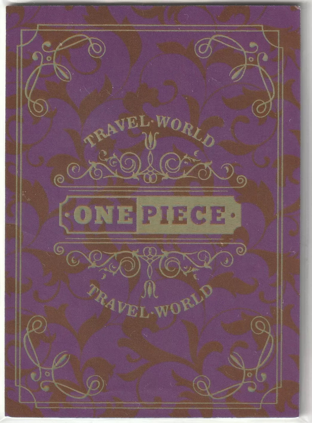 One Piece anime card back with purple floral pattern and gold-embossed 'Travel World' design and logo.