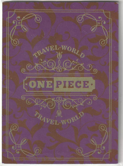 One Piece anime card back with purple floral pattern and gold-embossed 'Travel World' design and logo.