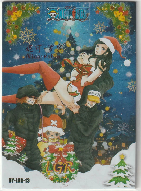 One Piece Anime Card featuring Nico Robin in a Santa outfit with Tony Tony Chopper and Penguin and Shachi in a Christmas holiday setting