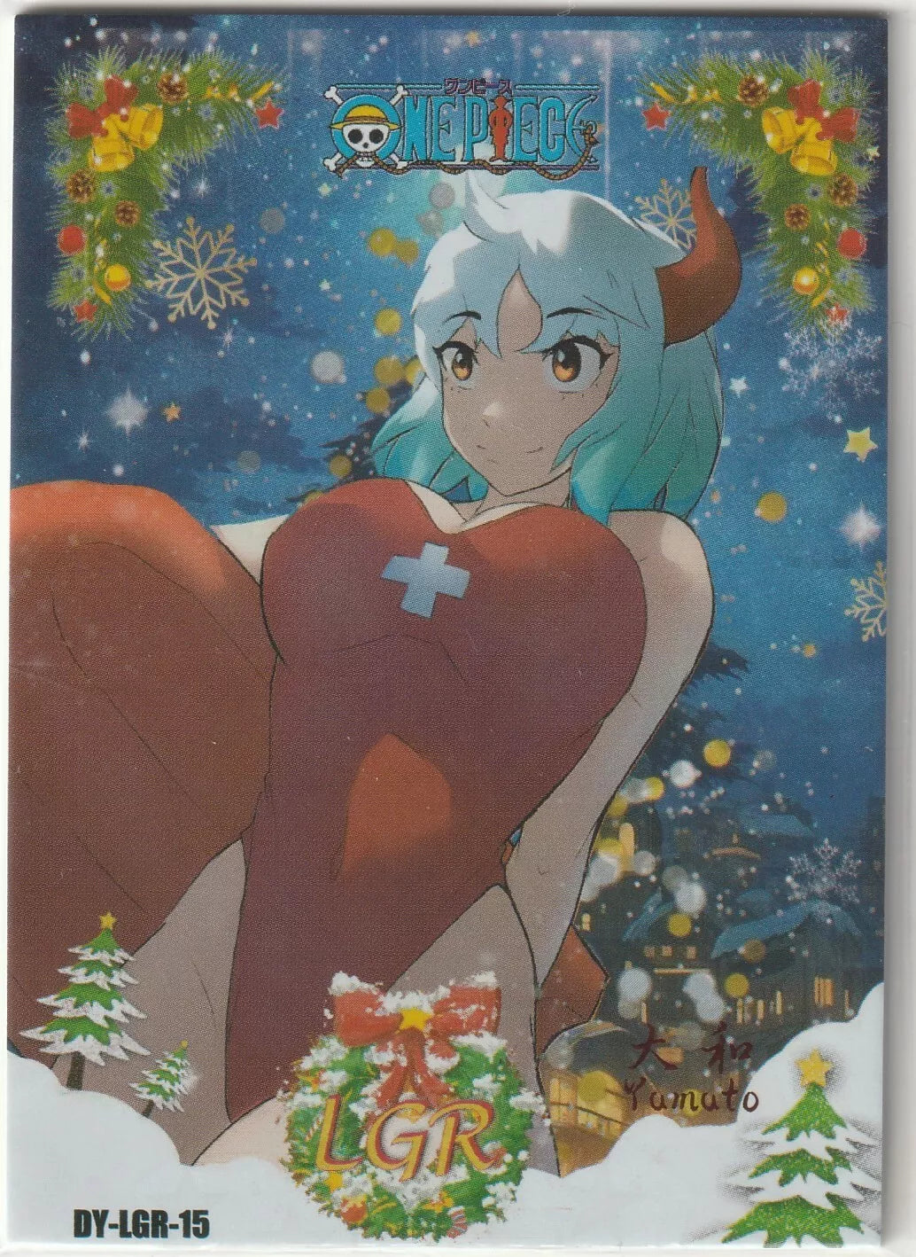 One Piece Anime Card featuring Yamato in a festive Christmas outfit with snowflakes and holiday decorations.