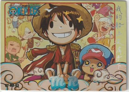 One Piece anime card featuring a chibi-style Monkey D. Luffy in his straw hat and red coat, alongside the Straw Hat crew members Zoro, Sanji, and Chopper, in a colorful, cartoonish design.