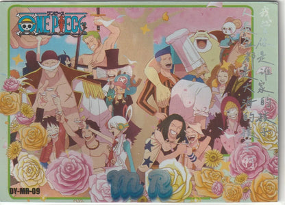 One Piece anime card featuring a reunion scene with Luffy, Ace, Uta, Usopp, Yasopp, Zeff, and Sanji, all sharing a moment of celebration and laughter, surrounded by roses and petals.