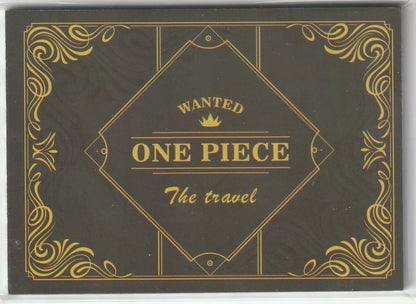 One Piece anime card back design with black background, golden ornate details, and the words 'WANTED ONE PIECE The travel' in a central diamond-shaped design.