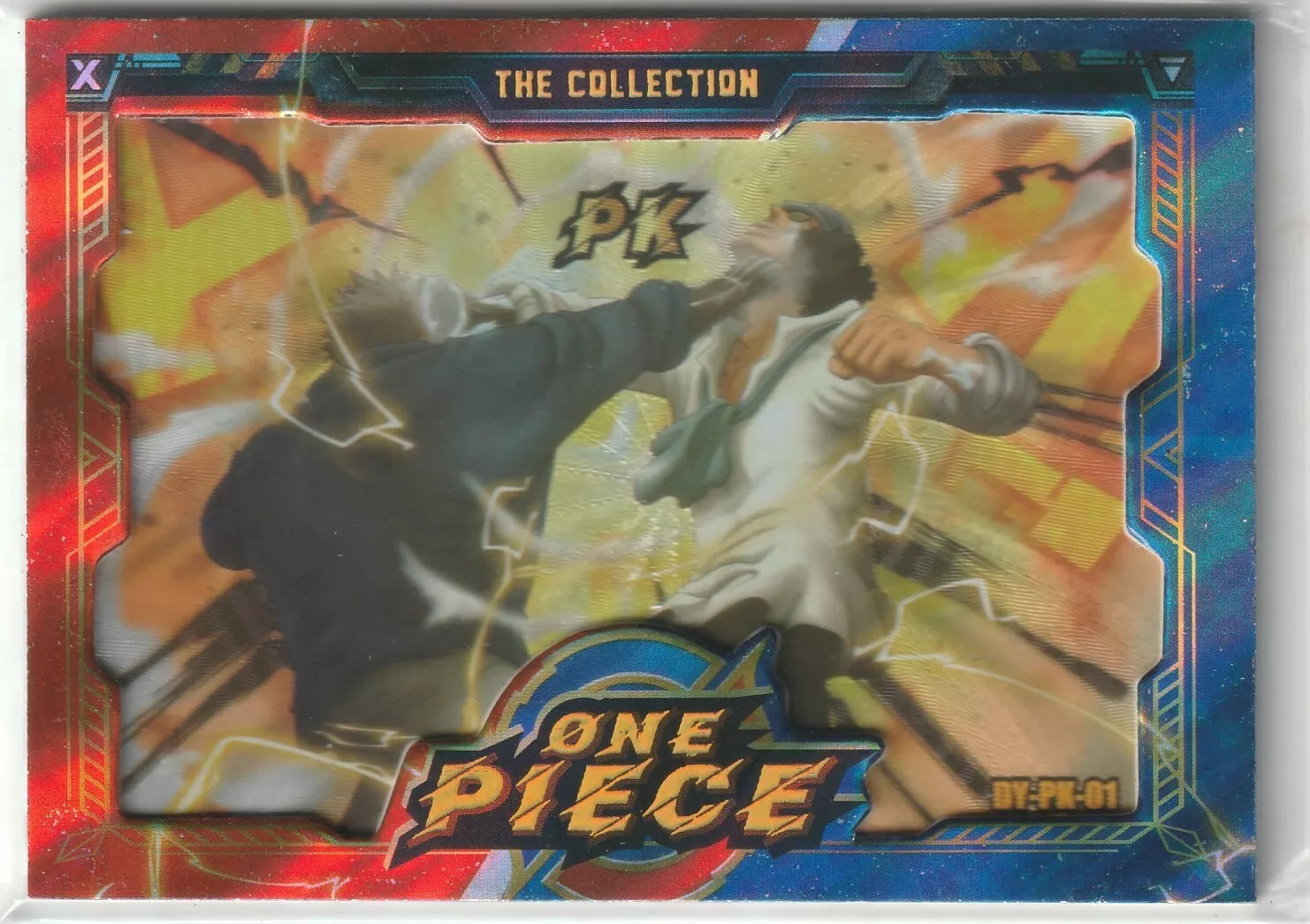 One Piece anime card featuring an action-packed battle between Monkey D. Garp and Kuzan (Aokiji), with electrifying effects and vibrant colors, framed by a red and blue metallic border